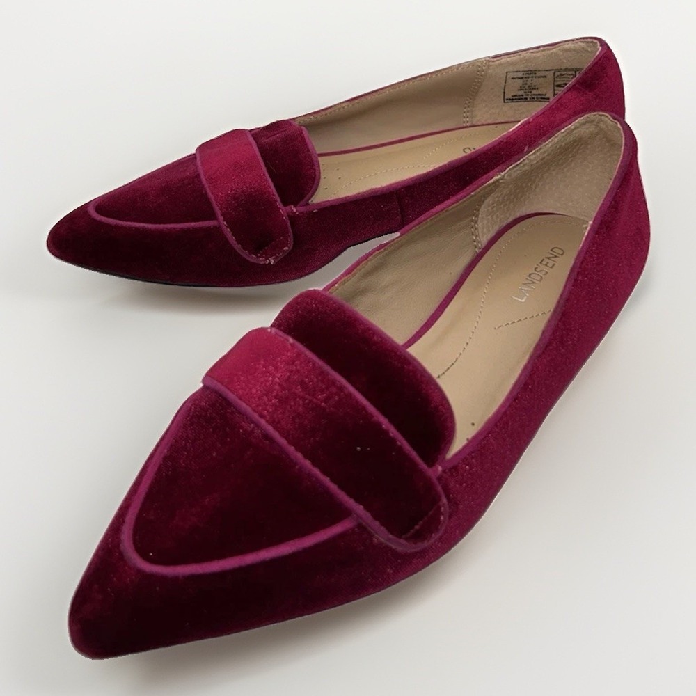 Lands End Womens Velvet Pointed Toe Loafer Flats Burgundy Red Size 7 Parisian